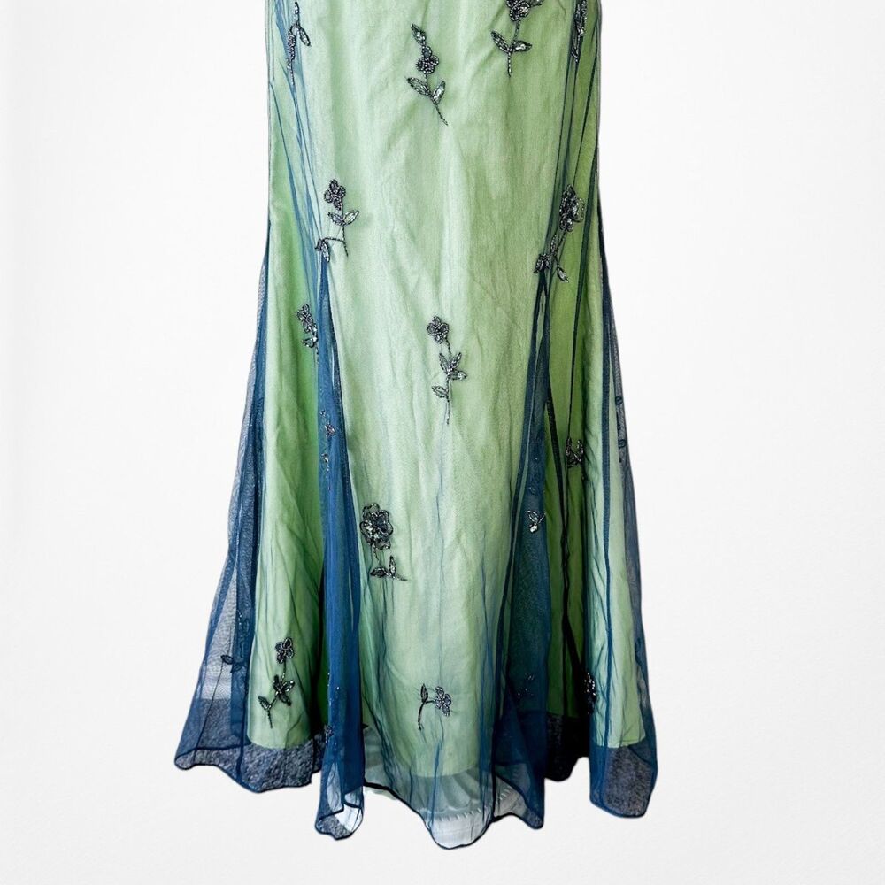Vintage Y2K 90s Green Floral Halter Beaded Mesh Bodycon Maxi Prom Dress Size S - Picture 10 of 14
